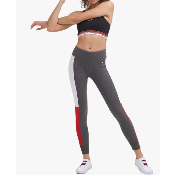 TOMMY HILFIGER SPORT Women's Performance Leggings Large Gray Flag Blocked NWT - Picture 1 of 16